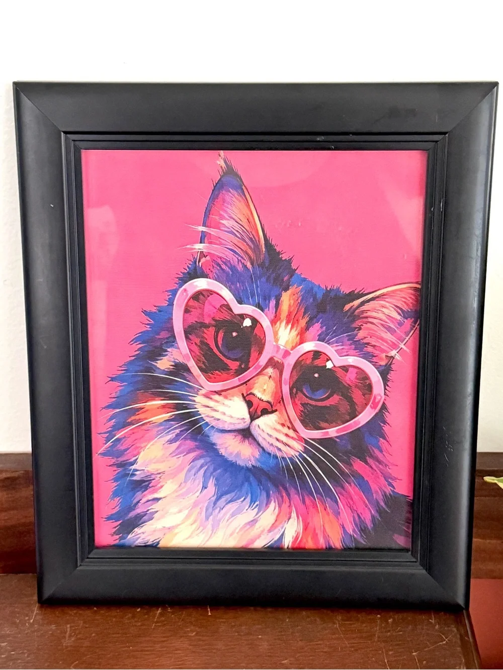 Colorful Pop Art Cat Heart Sunglasses Framed Wall Art Print Pink Whimsical Decor